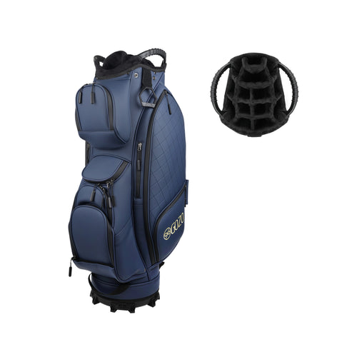 Gozo blue golf bag front view with multiple zippered pockets and club dividers